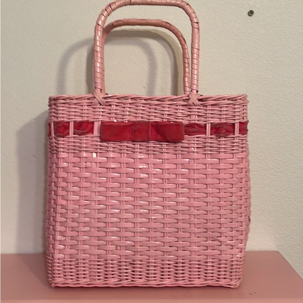 Vintage 1950s Rockabilly Pink Wicker Woven Purse Handbag. USED!